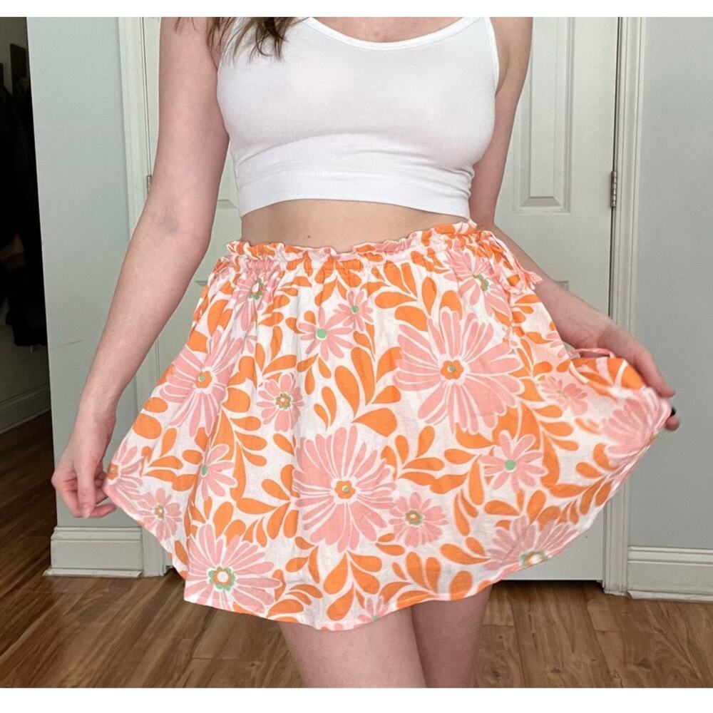Aerie Mini Skirt Pink Orange Floral Side Ties Elastic Waist Lined Women’s Small